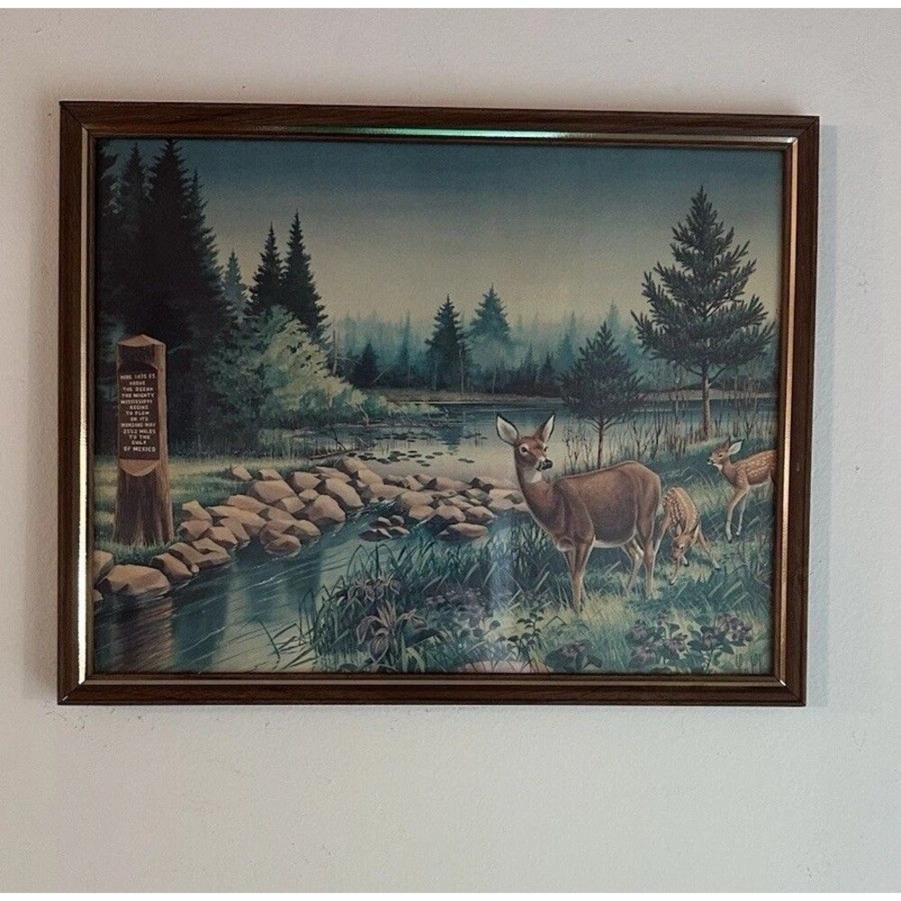 Framed Headwaters of the Mississippi Vintage Les Kouba Print Old Antique Deer